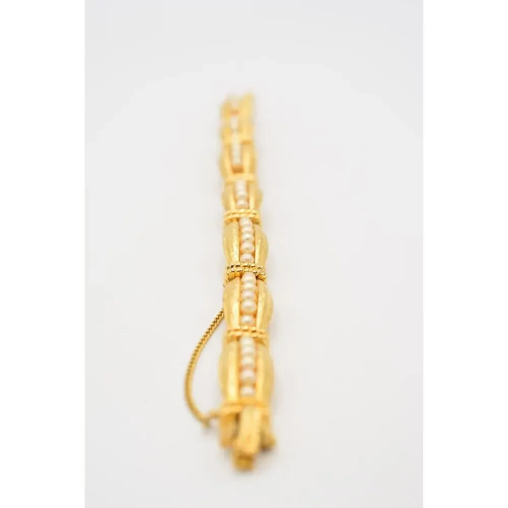 Vintage Linked Bracelet Brushed Gold Tone Pearl Inlay Chunky Heavy 1980s Bin5